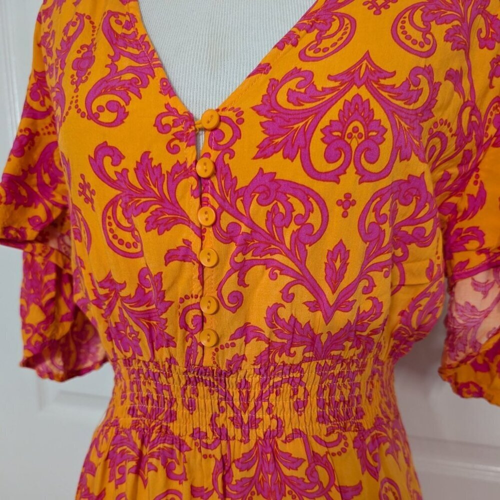 Abel the Label Leonard Floral Dress Womens Size Medium Orange Pink V Neck Rayon - Picture 3 of 11